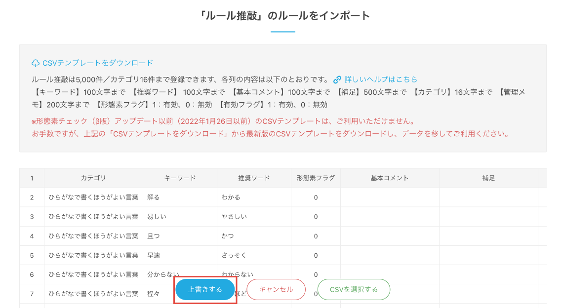 画像：ルール推敲インポートのプレビュー